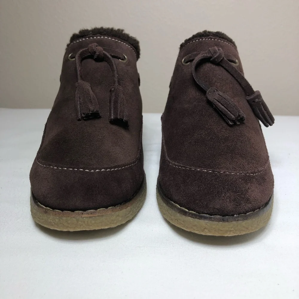 Lands' End Women's Leather Chalet Tassel‎ Fur Lining Brown Mules Clogs 8B